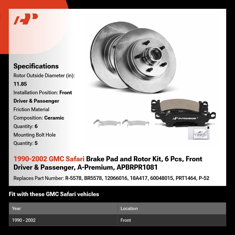 1990-2002 GMC Safari Brake Pad and Rotor Kit, 6 Pcs, Front Driver & Passenger, A-Premium, APBRPR1081