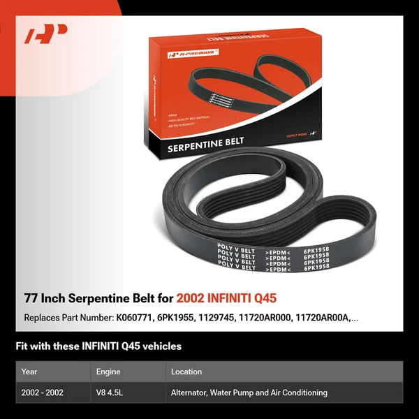 77 Inch Serpentine Belt for 2002 INFINITI Q45