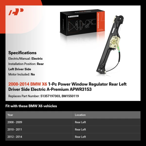 2008-2014 BMW X6 1-Pc Power Window Regulator Rear Left Driver Side Electric A-Premium APWR3153