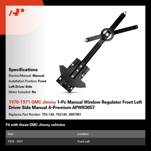 1970-1971 GMC Jimmy 1-Pc Manual Window Regulator Front Left Driver Side Manual A-Premium APWR3057
