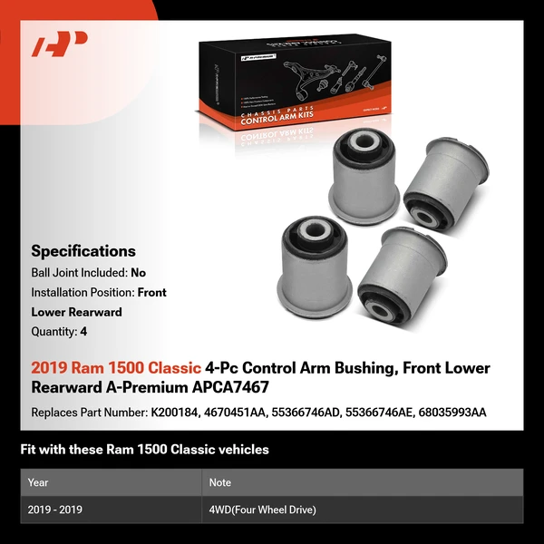 2019 Ram 1500 Classic 4-Pc Control Arm Bushing, Front Lower Rearward A-Premium APCA7467