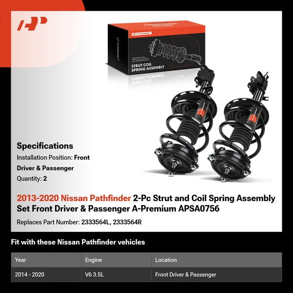2013-2020 Nissan Pathfinder 2-Pc Strut and Coil Spring Assembly Set Front Driver & Passenger A-Premium APSA0756