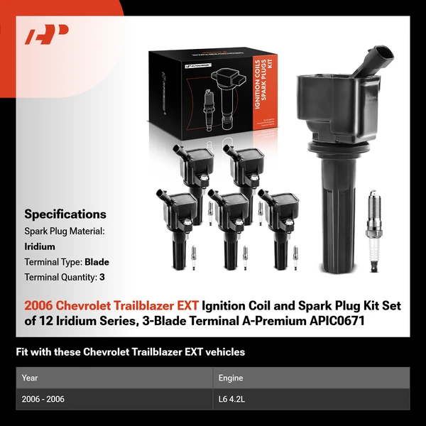 2006 Chevrolet Trailblazer EXT Ignition Coil and Spark Plug Kit Set of 12 Iridium Series, 3-Blade Terminal A-Premium APIC0671