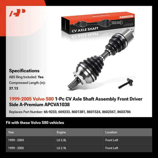 1999-2005 Volvo S80 1-Pc CV Axle Shaft Assembly Front Driver Side A-Premium APCVA1038
