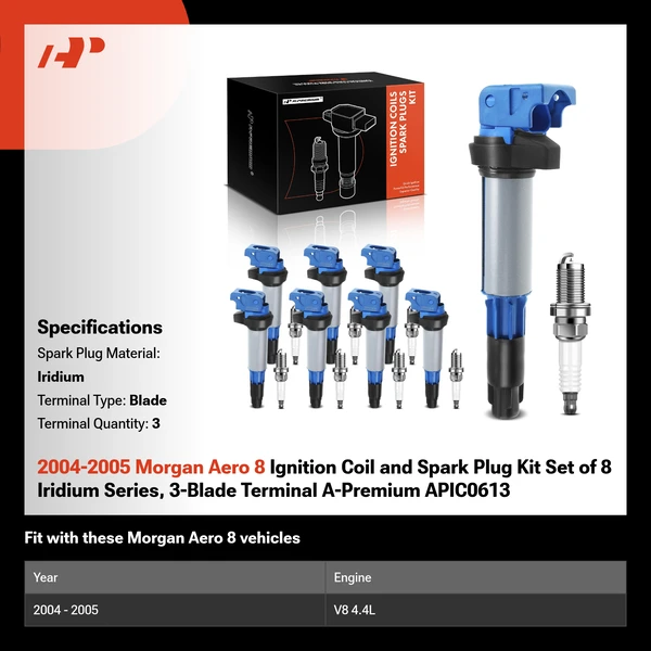 2004-2005 Morgan Aero 8 Ignition Coil and Spark Plug Kit Set of 16 Iridium Series, 3-Blade Terminal A-Premium APIC0613