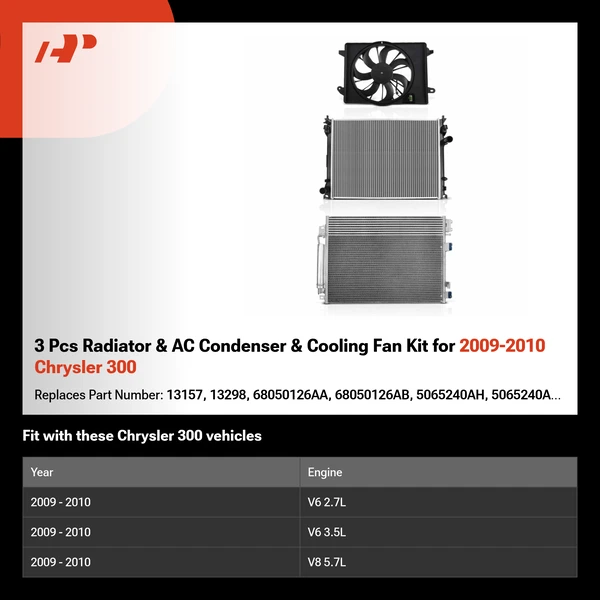 3 Pcs Radiator & AC Condenser & Cooling Fan Kit for 2009-2010 Chrysler 300