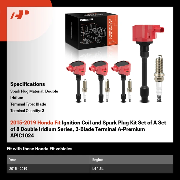 2015-2019 Honda Fit Ignition Coil and Spark Plug Kit Set of A Set of 8 Double Iridium Series, 3-Blade Terminal A-Premium APIC1024