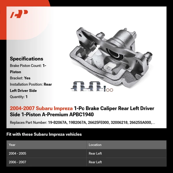 2004-2007 Subaru Impreza 1-Pc Brake Caliper Rear Left Driver Side 1-Piston A-Premium APBC1940