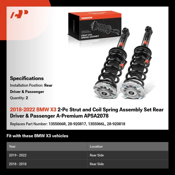 2018-2022 BMW X3 2-Pc Strut and Coil Spring Assembly Set Rear Driver & Passenger A-Premium APSA2078