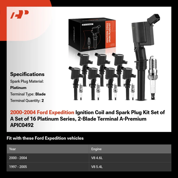 2000-2004 Ford Expedition Ignition Coil and Spark Plug Kit Set of A Set of 16 Platinum Series, 2-Blade Terminal A-Premium APIC0492