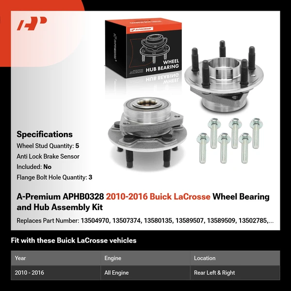 A-Premium APHB0328 2010-2016 Buick LaCrosse Wheel Bearing and Hub Assembly Kit