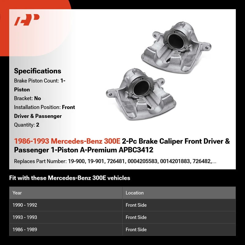 1986-1993 Mercedes-Benz 300E 2-Pc Brake Caliper Front Driver & Passenger 1-Piston A-Premium APBC3412
