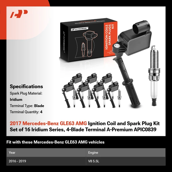 2017 Mercedes-Benz GLE63 AMG Ignition Coil and Spark Plug Kit Set of 16 Iridium Series, 4-Blade Terminal A-Premium APIC0839