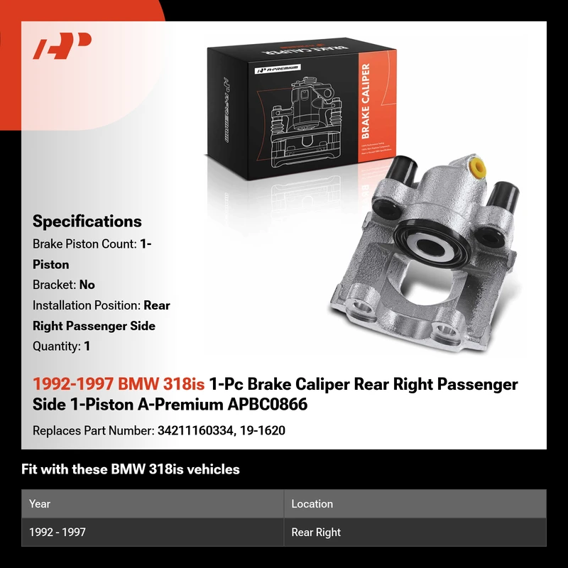 1992-1997 BMW 318is 1-Pc Brake Caliper Rear Right Passenger Side 1-Piston A-Premium APBC0866