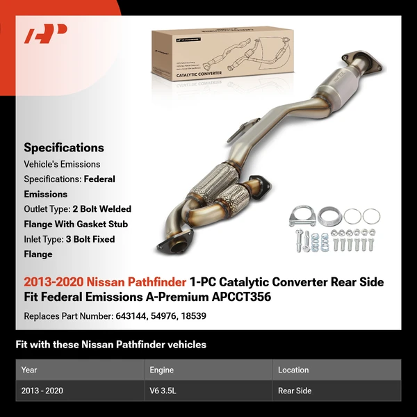 2013-2020 Nissan Pathfinder 1-PC Catalytic Converter Rear Side Fit Federal Emissions A-Premium APCCT356
