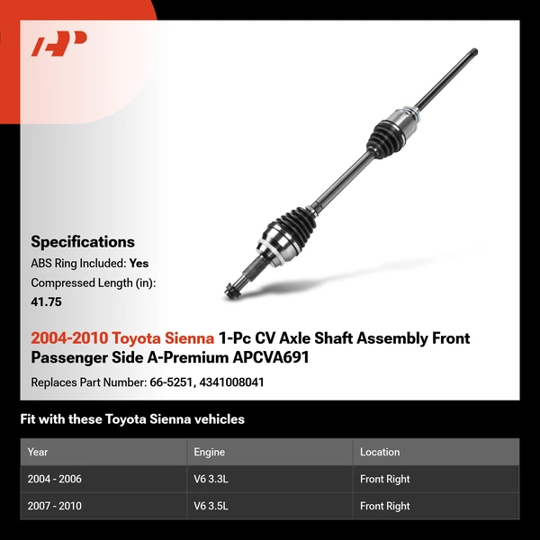 2004-2010 Toyota Sienna 1-Pc CV Axle Shaft Assembly Front Passenger Side A-Premium APCVA691