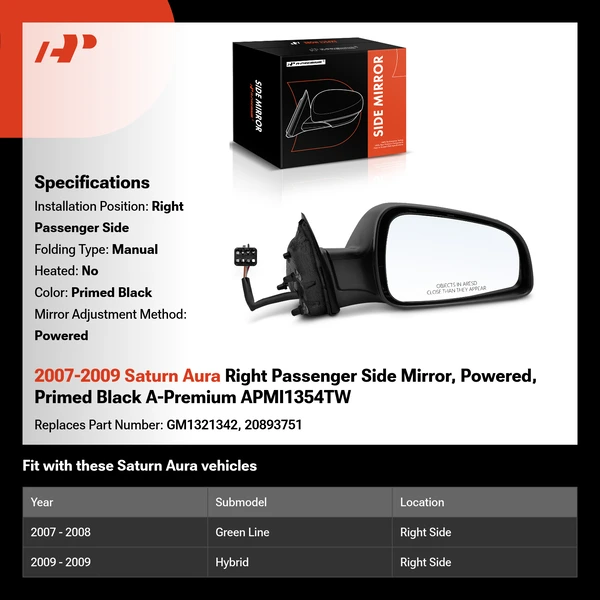 2007-2009 Saturn Aura Right Passenger Side Mirror, Powered, Primed Black A-Premium APMI1354TW
