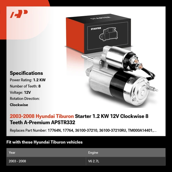 2003-2008 Hyundai Tiburon Starter 1.2 KW 12V Clockwise 8 Teeth A-Premium APSTR332