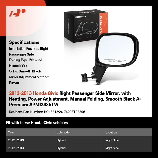 2012-2013 Honda Civic Right Passenger Side Mirror, with Heating, Power Adjustment, Manual Folding, Smooth Black A-Premium APMI2436TW