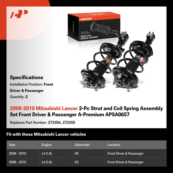 2008-2010 Mitsubishi Lancer 2-Pc Strut and Coil Spring Assembly Set Front Driver & Passenger A-Premium APSA0657