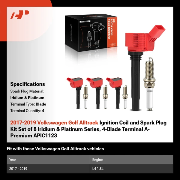 2017-2019 Volkswagen Golf Alltrack Ignition Coil and Spark Plug Kit Set of 8 Iridium & Platinum Series, 4-Blade Terminal A-Premium APIC1123