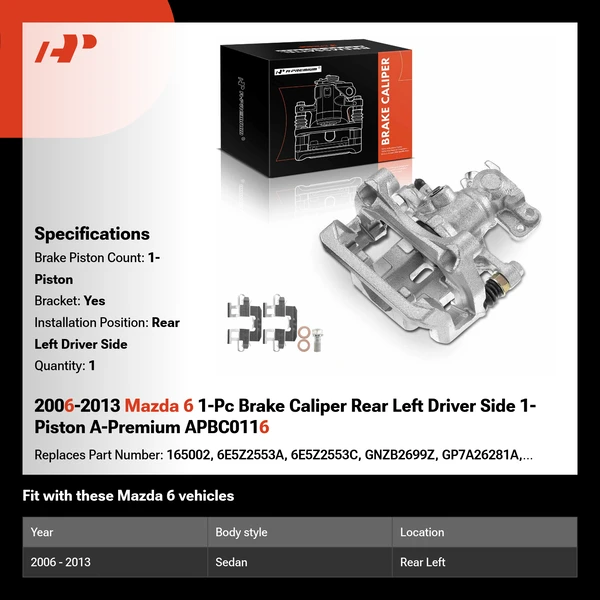 2006-2013 Mazda 6 1-Pc Brake Caliper Rear Left Driver Side 1-Piston A-Premium APBC0116