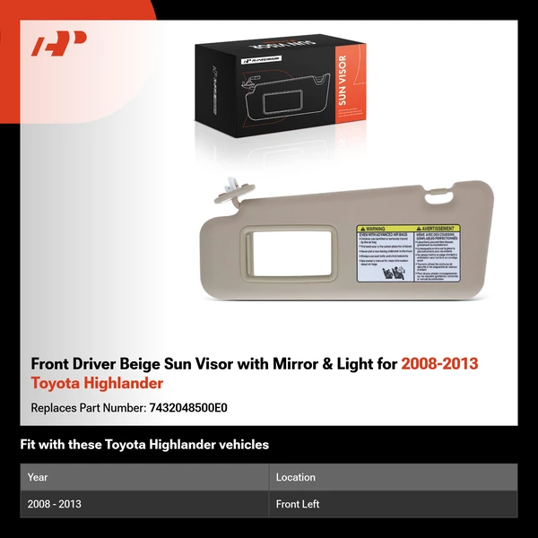 Front Driver Beige Sun Visor with Mirror & Light for 2008-2013 Toyota Highlander