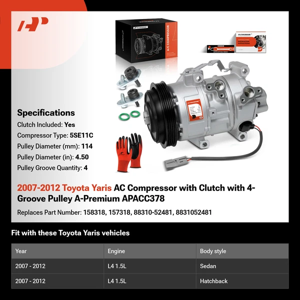 2007-2012 Toyota Yaris AC Compressor with Clutch with 4-Groove Pulley A-Premium APACC378