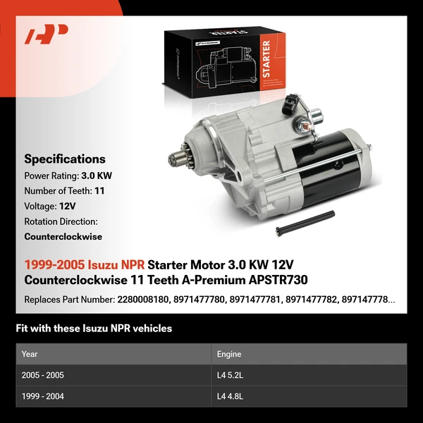 1999-2005 Isuzu NPR Starter Motor 3.0 KW 12V Counterclockwise 11 Teeth A-Premium APSTR730