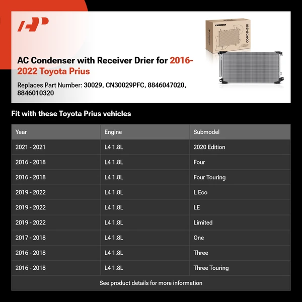 AC Condenser with Receiver Drier for 2016-2022 Toyota Prius