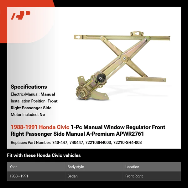 1988-1991 Honda Civic 1-Pc Manual Window Regulator Front Right Passenger Side Manual A-Premium APWR2761