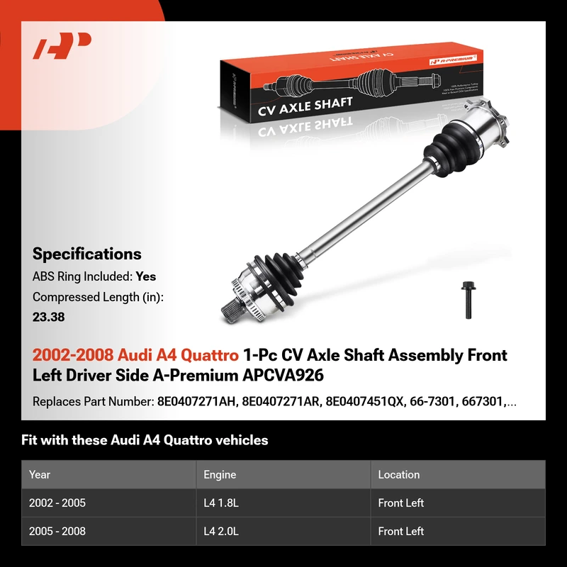 2002-2008 Audi A4 Quattro 1-Pc CV Axle Shaft Assembly Front Left Driver Side A-Premium APCVA926