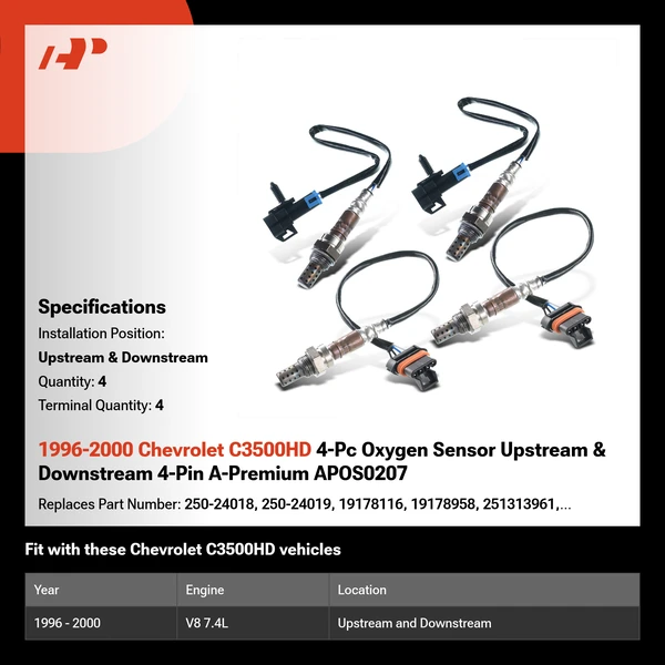 1996-2000 Chevrolet C3500HD 4-Pc Oxygen Sensor Upstream & Downstream 4-Pin A-Premium APOS0207