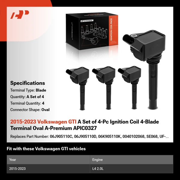 2015-2023 Volkswagen GTI A Set of 4-Pc Ignition Coil 4-Blade Terminal Oval A-Premium APIC0327
