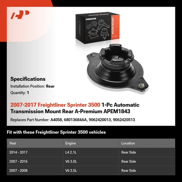 2007-2017 Freightliner Sprinter 3500 1-Pc Automatic Transmission Mount Rear A-Premium APEM1843
