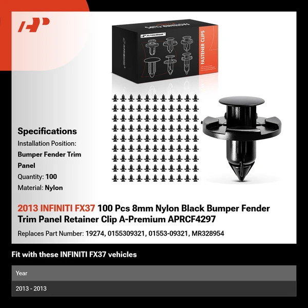 2013 INFINITI FX37 100 Pcs 8mm Nylon Black Bumper Fender Trim Panel Retainer Clip A-Premium APRCF4297