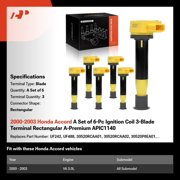 2000-2003 Honda Accord A Set of 6-Pc Ignition Coil 3-Blade Terminal Rectangular A-Premium APIC1140
