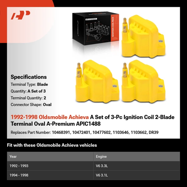 1992-1998 Oldsmobile Achieva A Set of 3-Pc Ignition Coil 2-Blade Terminal Oval A-Premium APIC1488