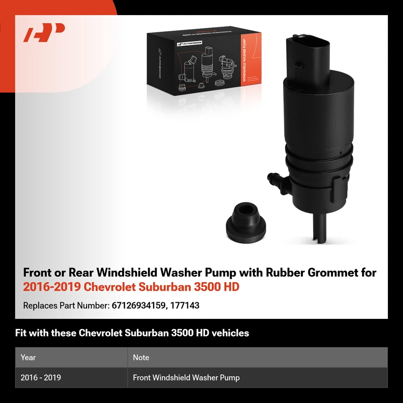 Front or Rear Windshield Washer Pump with Rubber Grommet for 2016-2019 Chevrolet Suburban 3500 HD