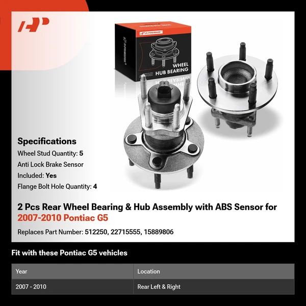 2 Pcs Rear Wheel Bearing & Hub Assembly with ABS Sensor for 2007-2010 Pontiac G5