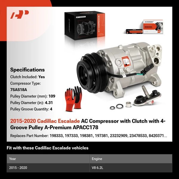 2015-2020 Cadillac Escalade AC Compressor with Clutch with 4-Groove Pulley A-Premium APACC178