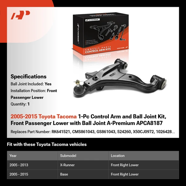 2005-2015 Toyota Tacoma 1-Pc Control Arm and Ball Joint Kit, Front Passenger Lower with Ball Joint A-Premium APCA8187