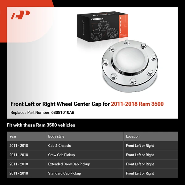 Front Left or Right Wheel Center Cap for 2011-2018 Ram 3500