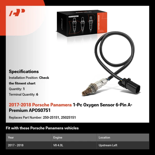2017-2018 Porsche Panamera 1-Pc Oxygen Sensor 6-Pin A-Premium APOS0751