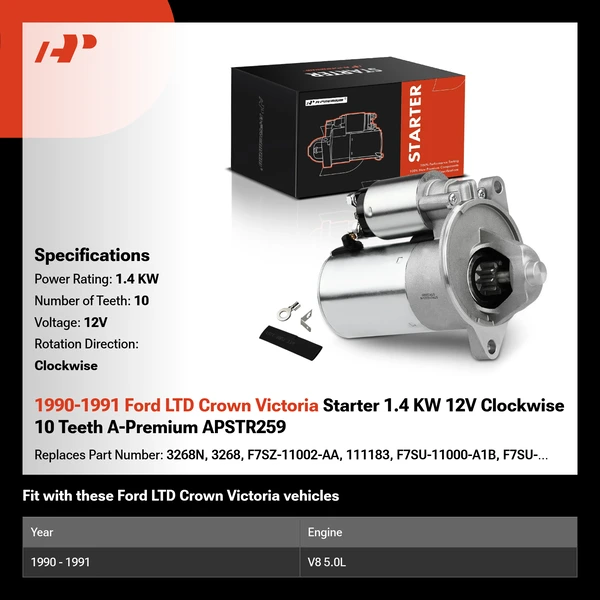 1990-1991 Ford LTD Crown Victoria Starter 1.4 KW 12V Clockwise 10 Teeth A-Premium APSTR259