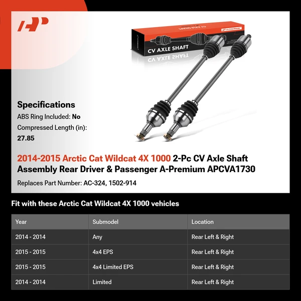 2014-2015 Arctic Cat Wildcat 4X 1000 2-Pc CV Axle Shaft Assembly Rear Driver & Passenger A-Premium APCVA1730