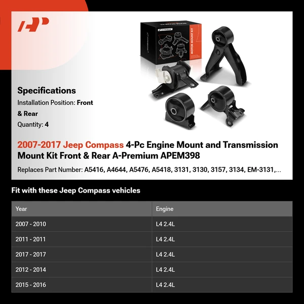 2007-2017 Jeep Compass 4-Pc Engine Mount and Transmission Mount Kit Front & Rear A-Premium APEM398