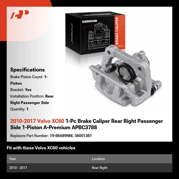 2010-2017 Volvo XC60 1-Pc Brake Caliper Rear Right Passenger Side 1-Piston A-Premium APBC3788