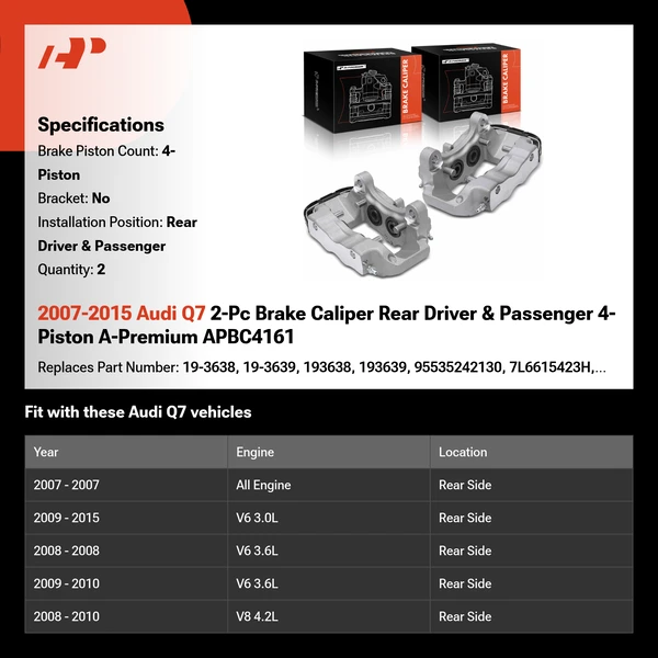 2007-2015 Audi Q7 2-Pc Brake Caliper Rear Driver & Passenger 4-Piston A-Premium APBC4161