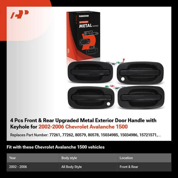 4 Pcs Front & Rear Upgraded Metal Exterior Door Handle with Keyhole for 2002-2006 Chevrolet Avalanche 1500